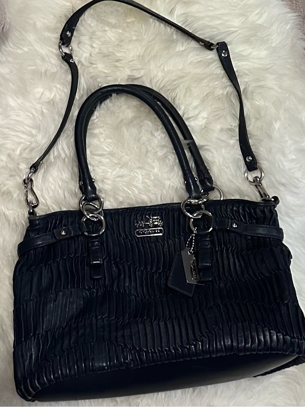 Coach Blue Pleated Leather Satchel with Removable Strap